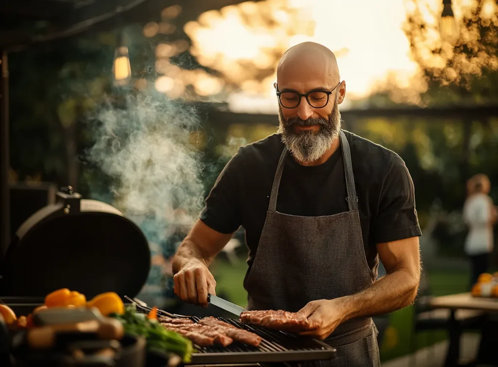 Bald bearded chef grilling juicy meat on a barbecue outdoors – perfect barbecue recipes for family dinner ideas