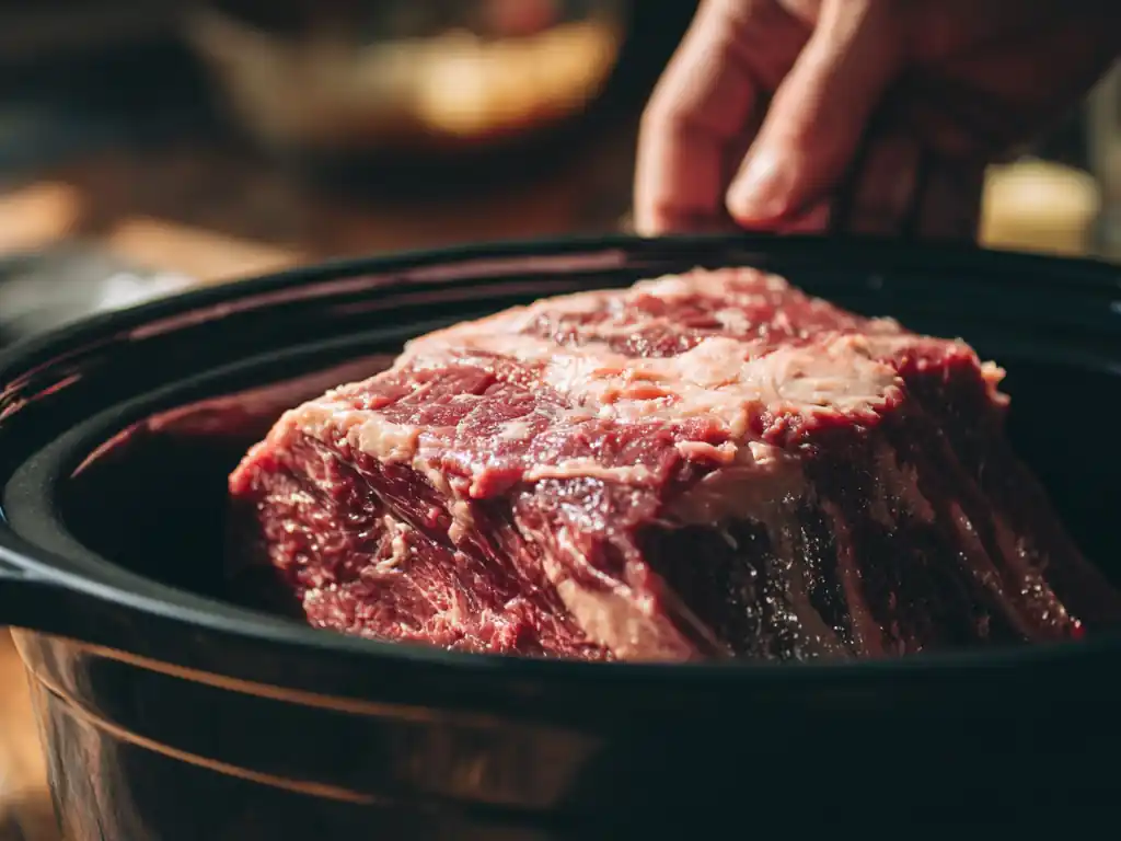 Chuck roast prepared for slow cooker barbecue beef