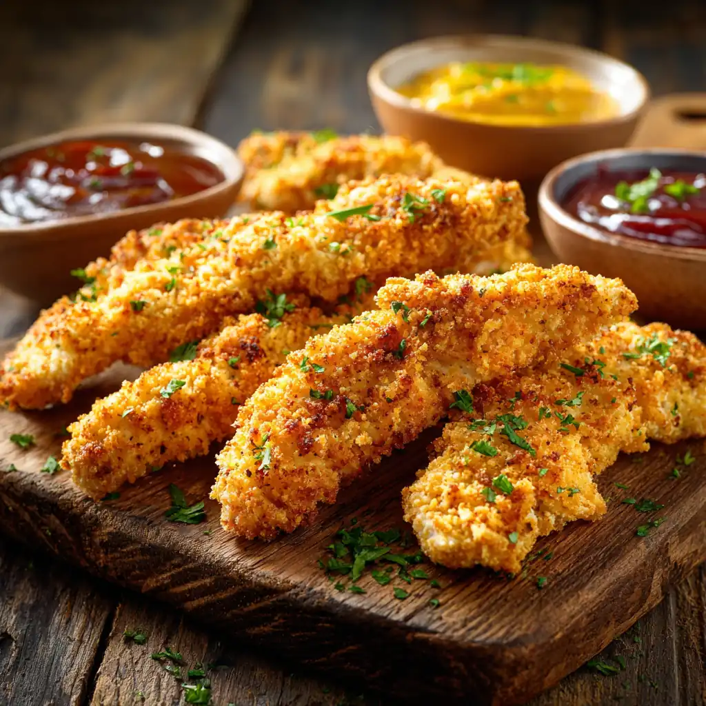 Crispy golden baked chicken tenders served on a wooden board with dipping sauces — an easy baked chicken tenders recipe.