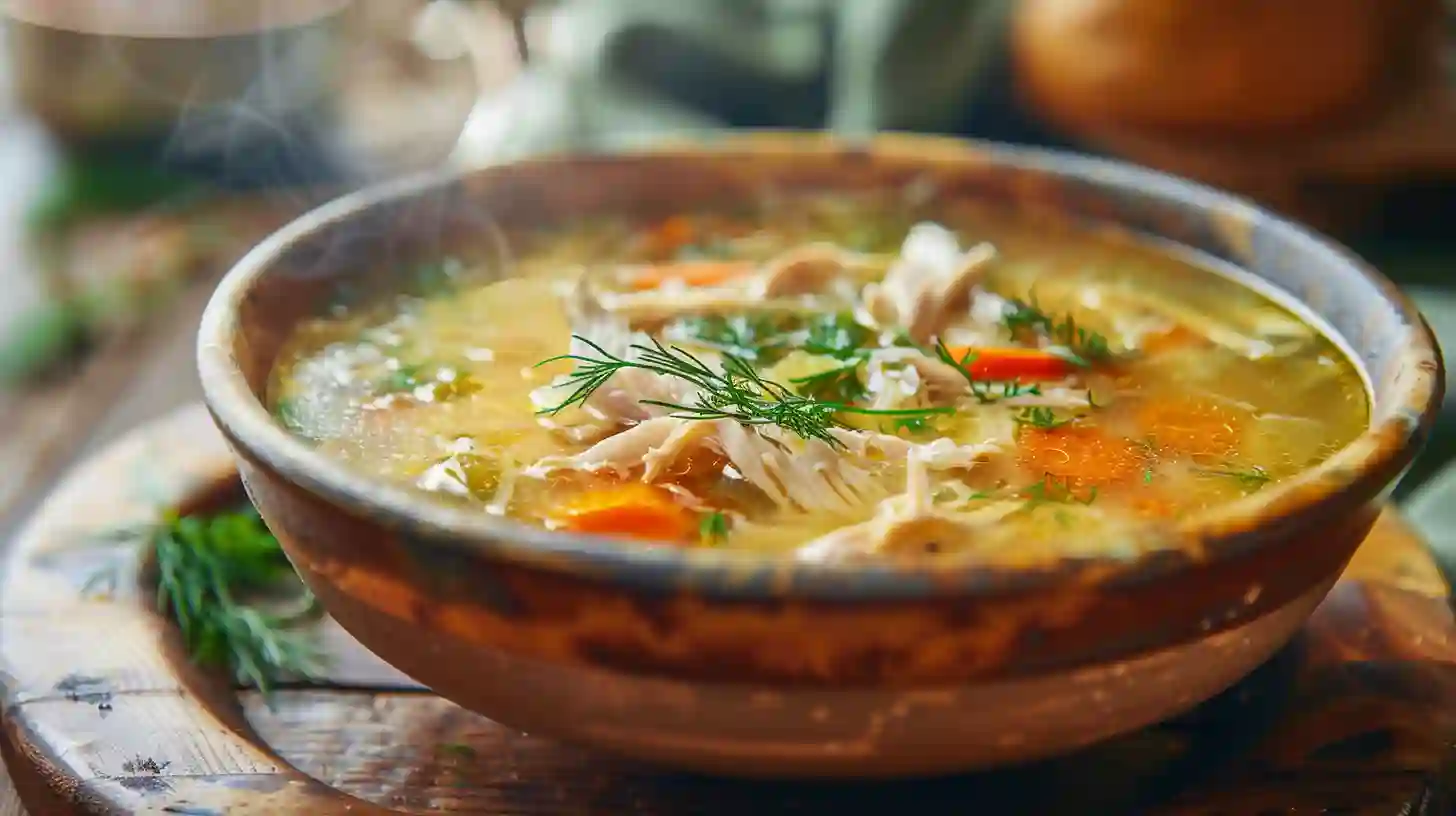 Jewish chicken soup recipe in a rustic bowl