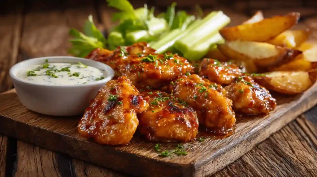 Boneless chicken wings recipe served with ranch and sides
