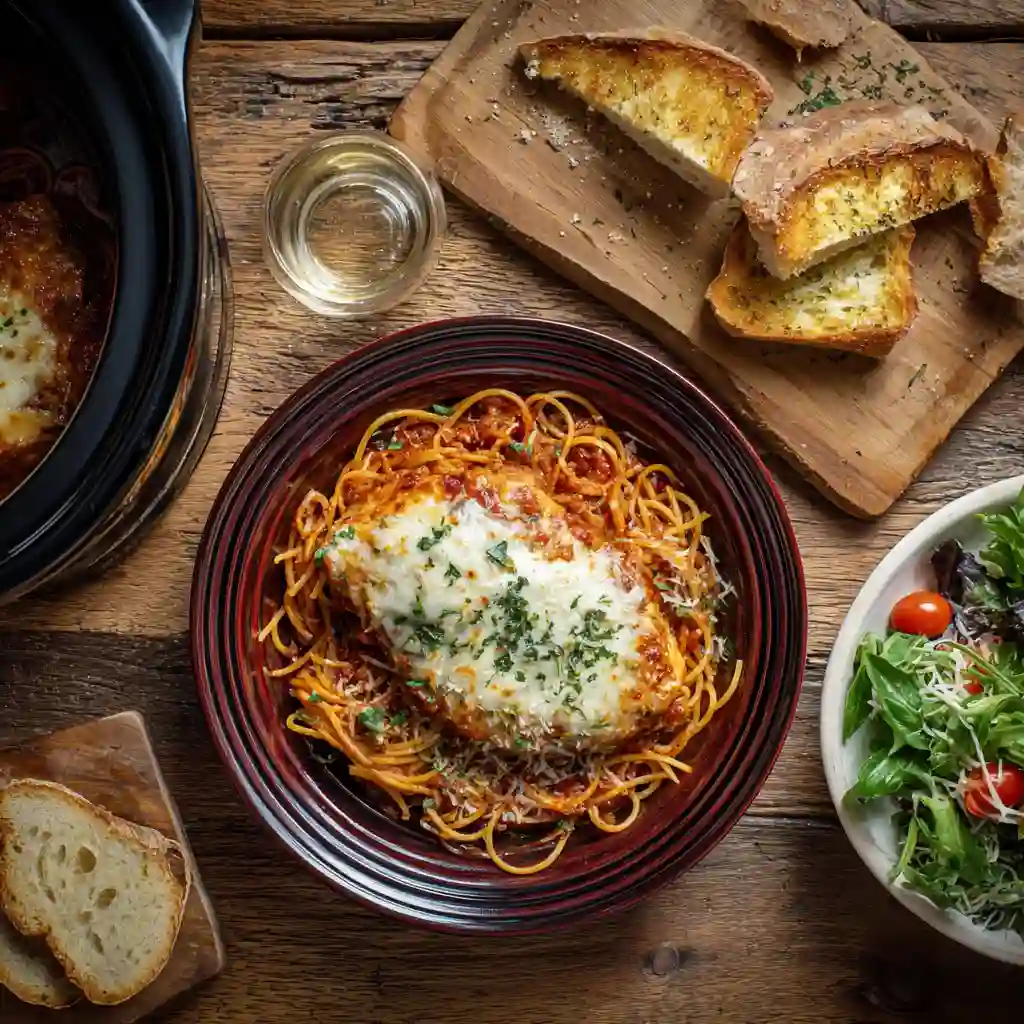 Slow cooker chicken parmesan served over spaghetti with salad and garlic bread