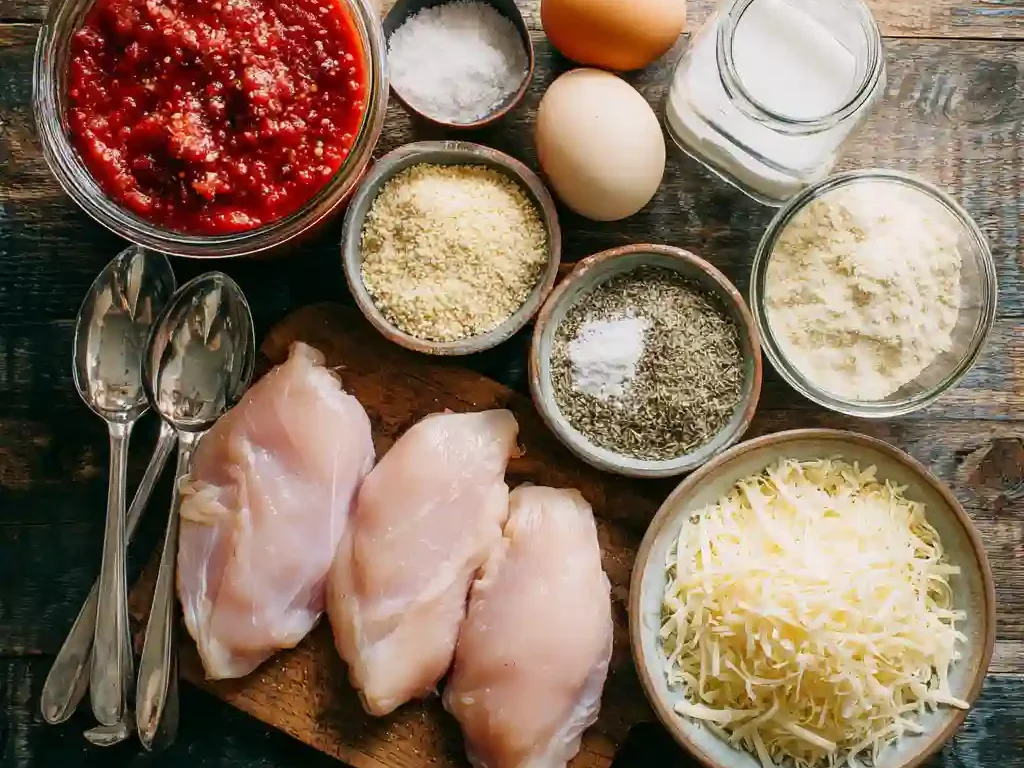 Ingredients for slow cooker chicken parmesan on a rustic wooden table