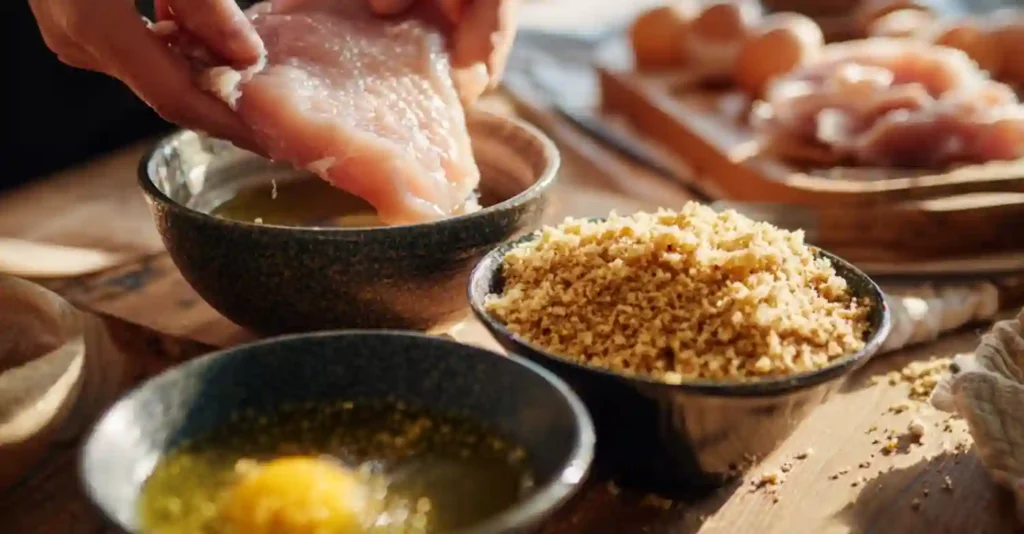 Chicken breast dipped into egg wash before breading for slow cooker chicken parmesan