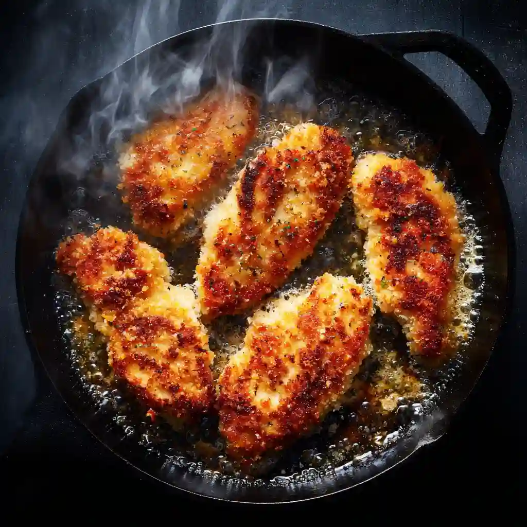 Browning breaded chicken breasts in a skillet for slow cooker chicken parmesan