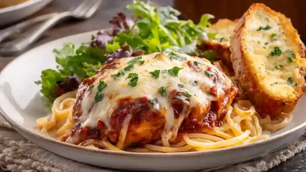 Plated slow cooker chicken parmesan with spaghetti, garlic bread, and salad