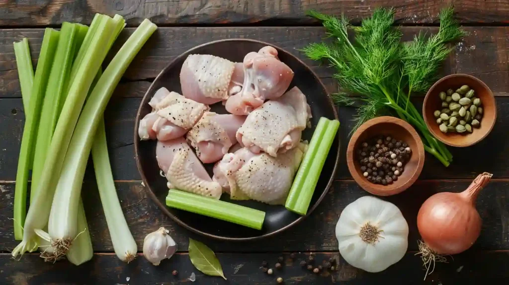 Jewish chicken soup recipe ingredients on wooden table