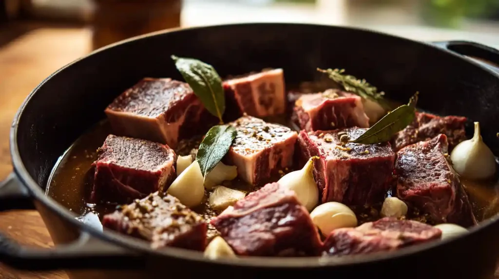 beef ribs in Dutch oven before cooking