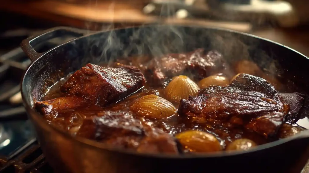 baked country style beef ribs in Dutch oven with gravy