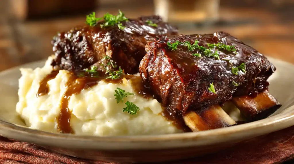 serving country style beef ribs with mashed potatoes
