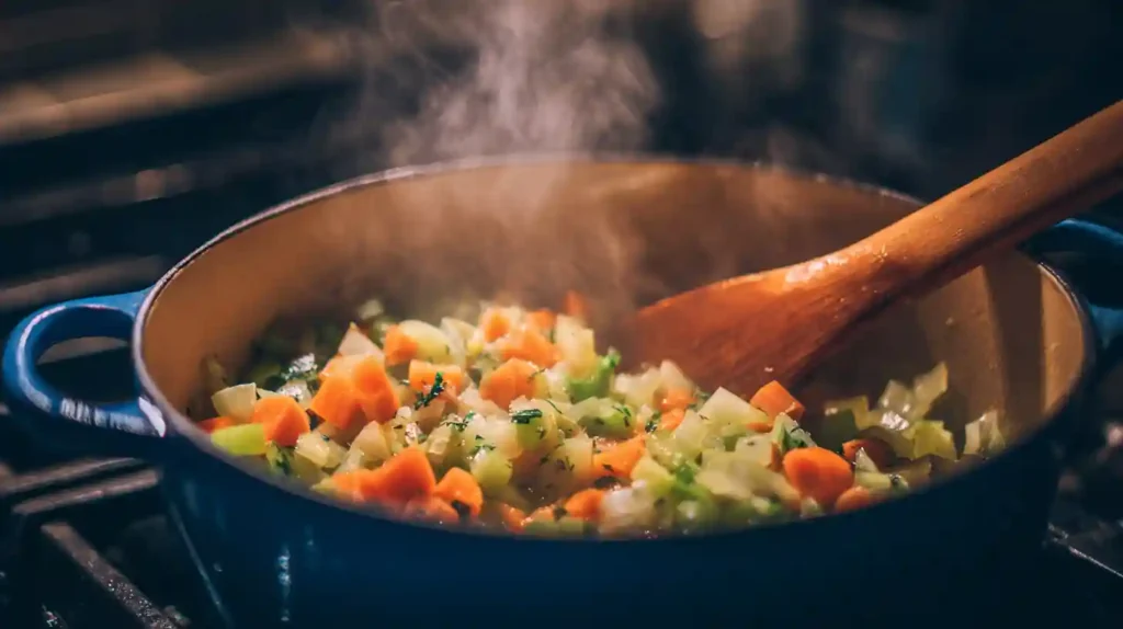 Vegetables sautéing for smoked salmon chowder recipe