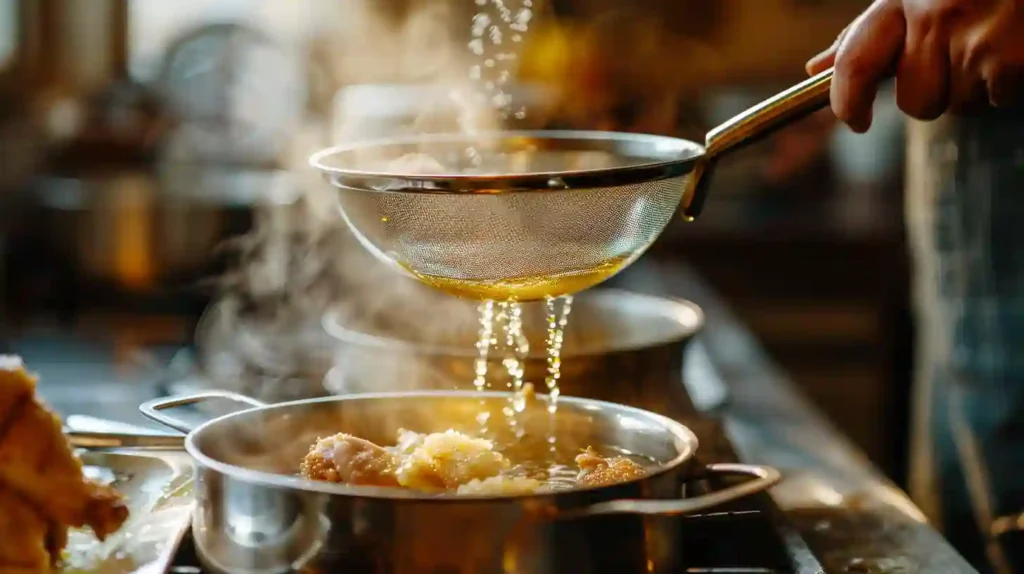 Straining broth for Jewish chicken soup recipe