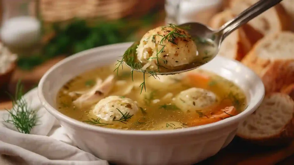 Serving Jewish chicken soup recipe with matzo balls