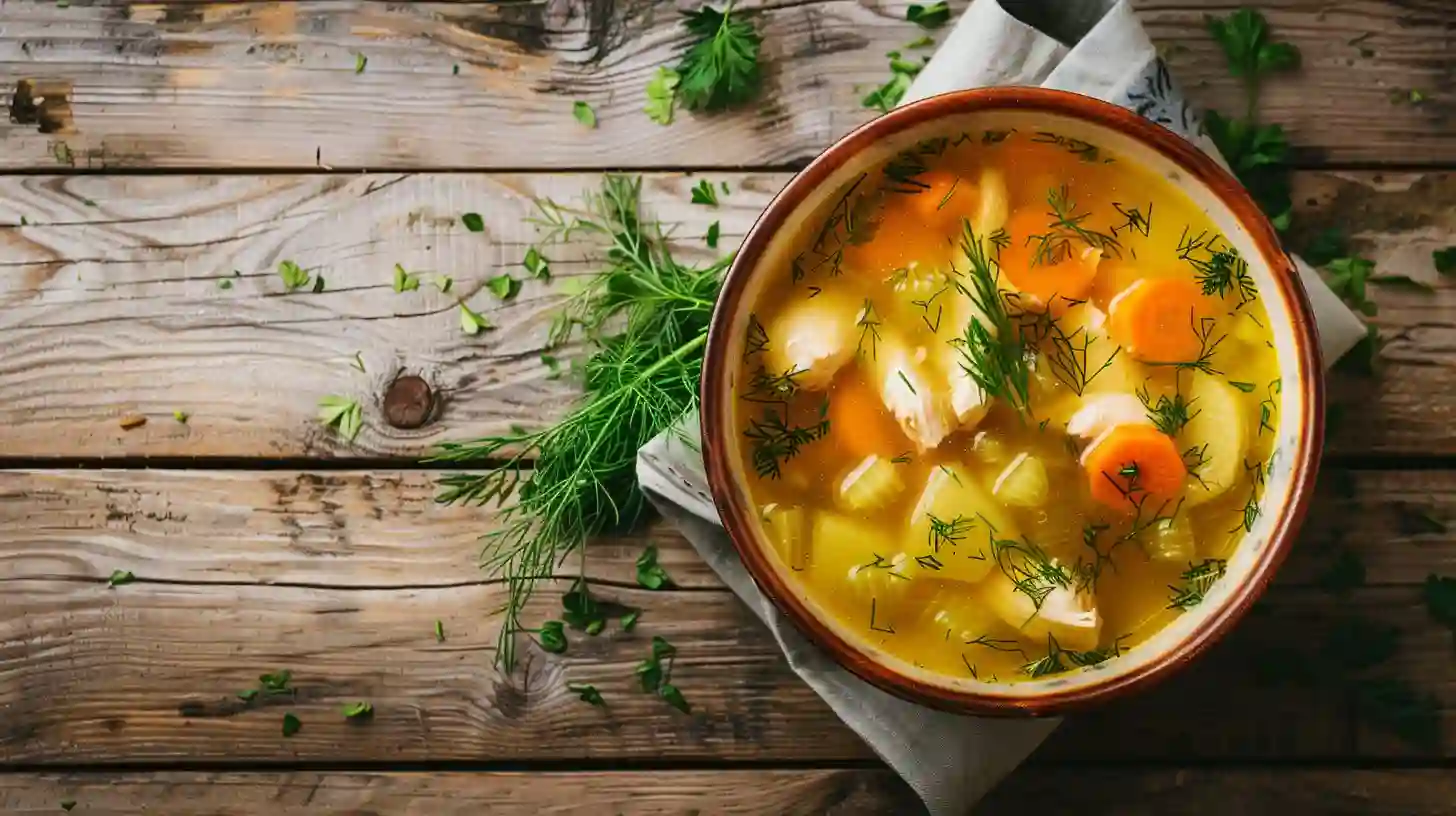 Jewish Chicken Soup Recipe with dill and golden broth