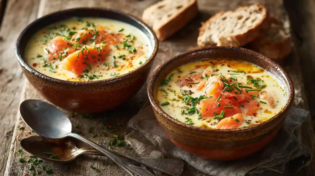 Serving smoked salmon chowder recipe bowls
