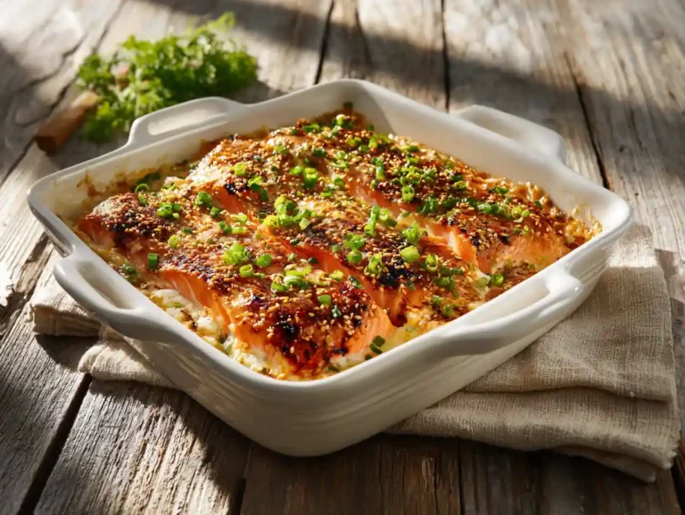 Sushi Bake Recipe Salmon in casserole dish