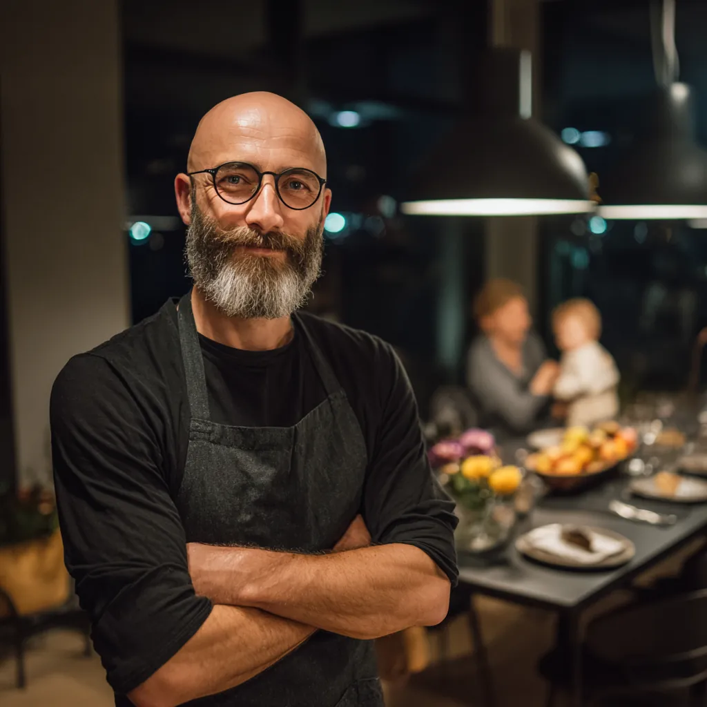 About Chef Matt smiling confidently in a warm family dinner setting.