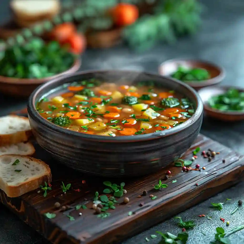 Homemade potato soup recipe with carrots, broccoli, and fresh herbs, served with bread – inspired by broccoli casserole recipe -soup