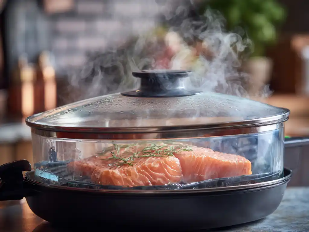 Preparing salmon fillet for steaming with ginger and Shaoxing wine