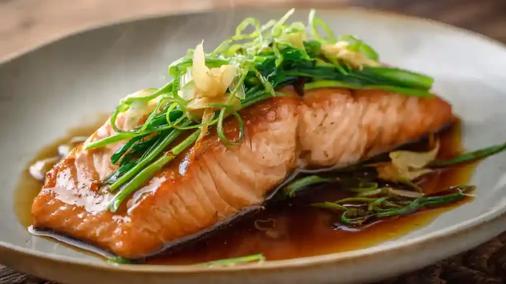 Steamed salmon recipe with Shanghai flavor plated with scallions and ginger