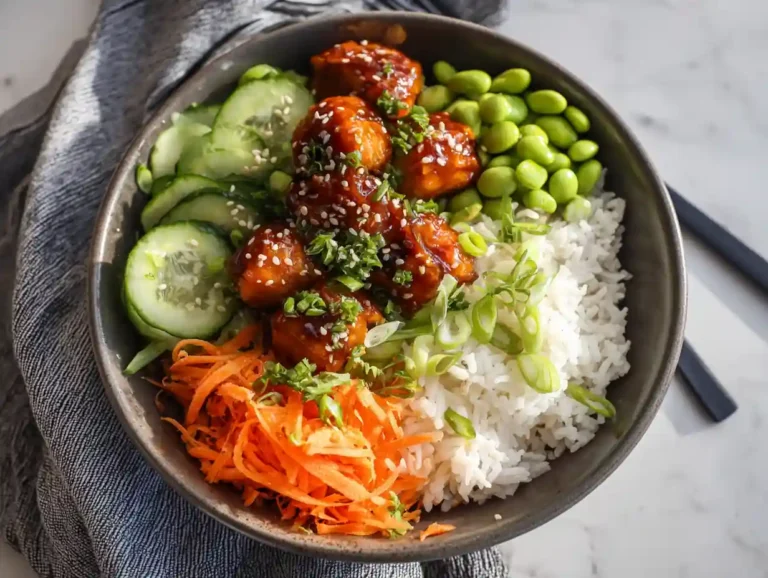 Featured salmon bowl recipe with rice, salmon, and vegetables