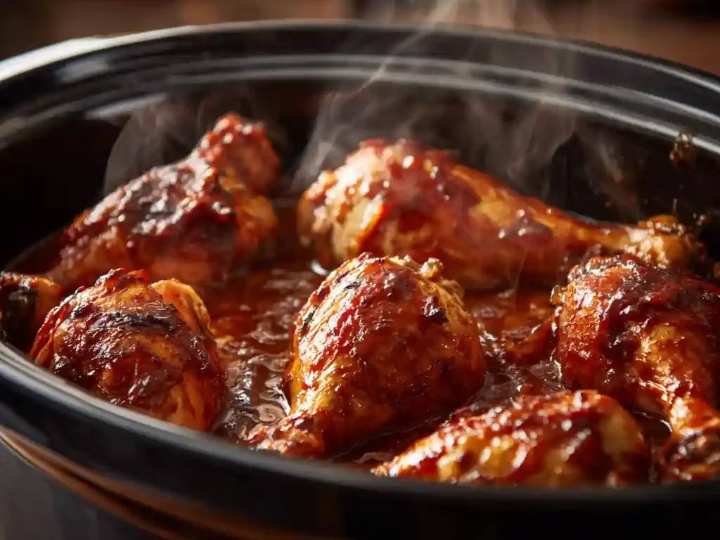 Crockpot chicken legs simmering in honey garlic sauce
