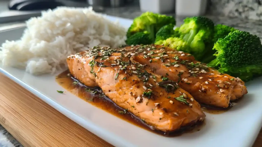 Teriyaki salmon served with rice and vegetables