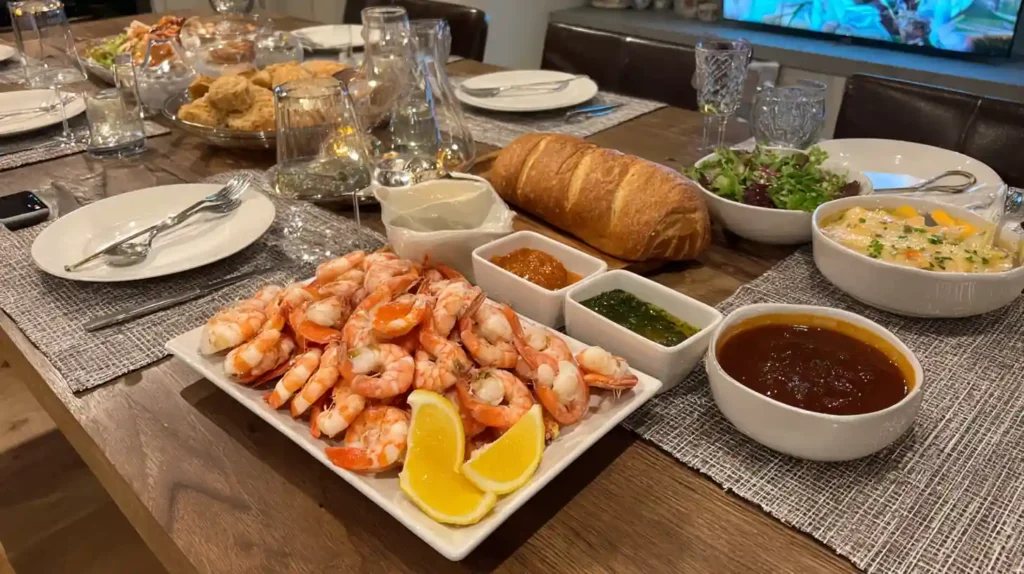Festive spread with steamed shrimp recipe and sides 2