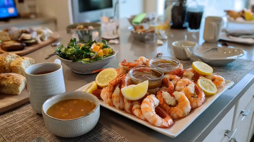 Festive spread with steamed shrimp recipe and sides