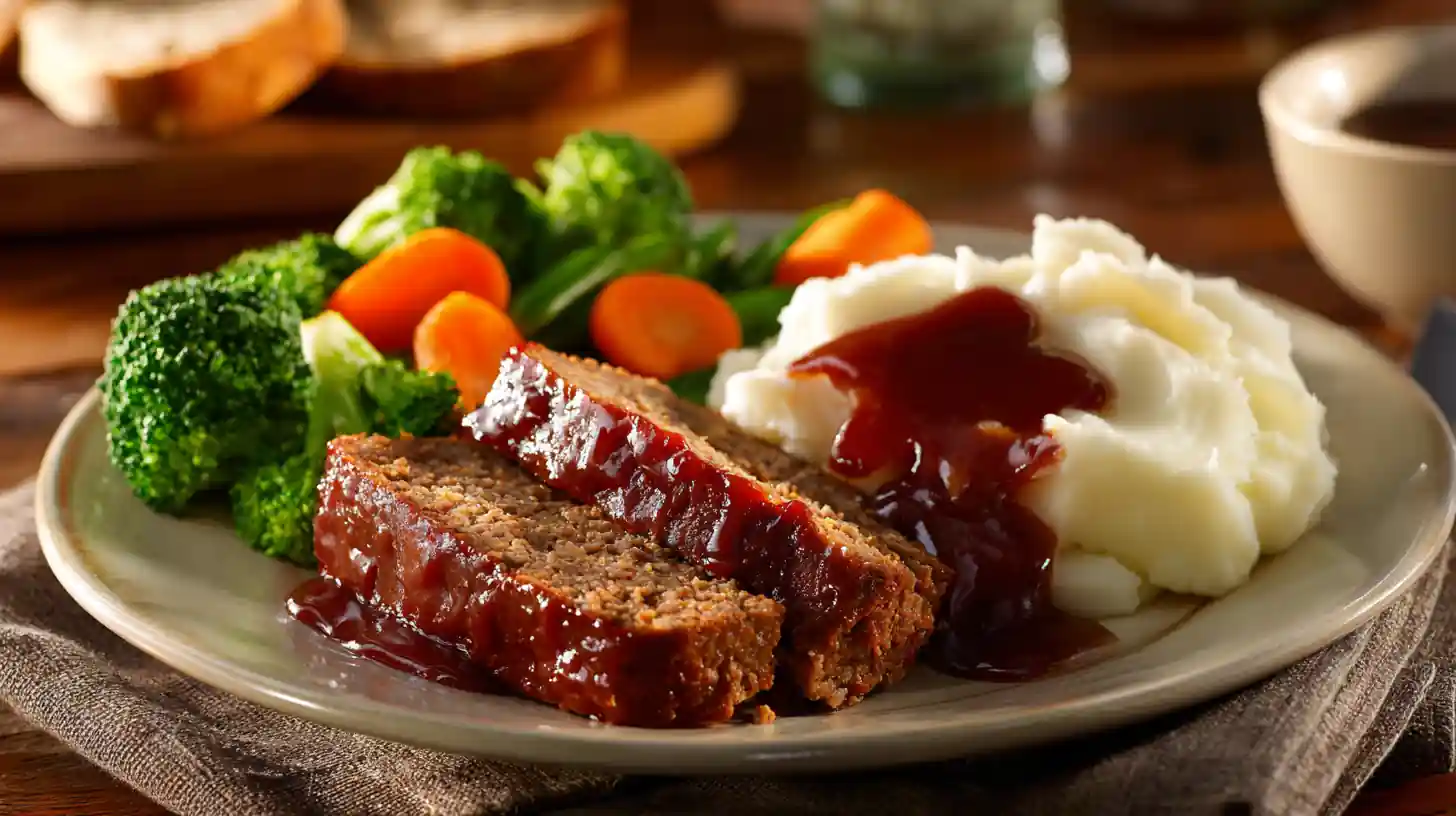 Barbecue meatloaf recipe plated with sides