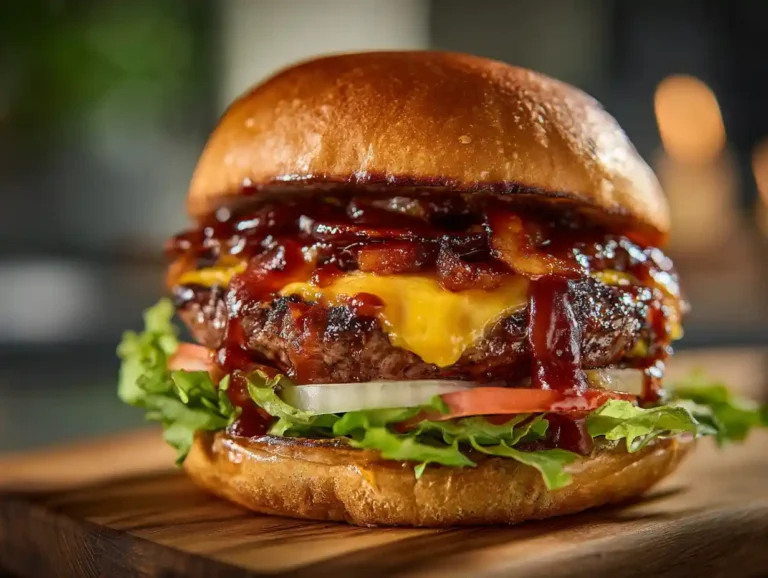 Featured simple BBQ burger recipe with cheese and BBQ sauce
