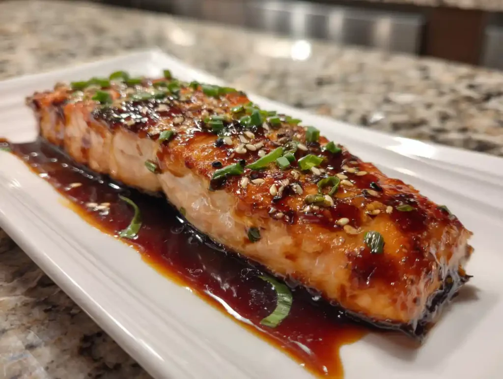 Featured teriyaki salmon recipe on white plate dairy free dinner ideas