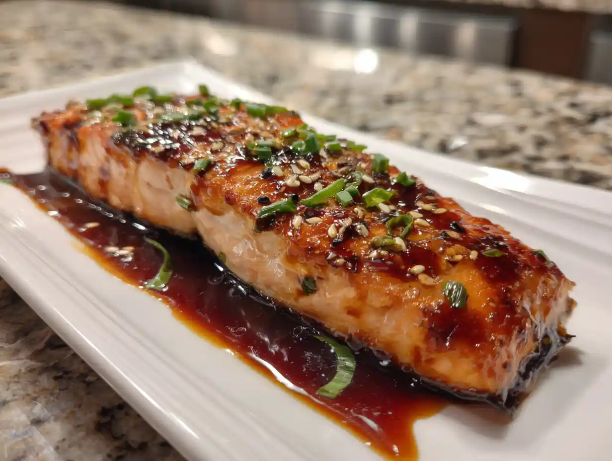 Featured teriyaki salmon recipe on white plate