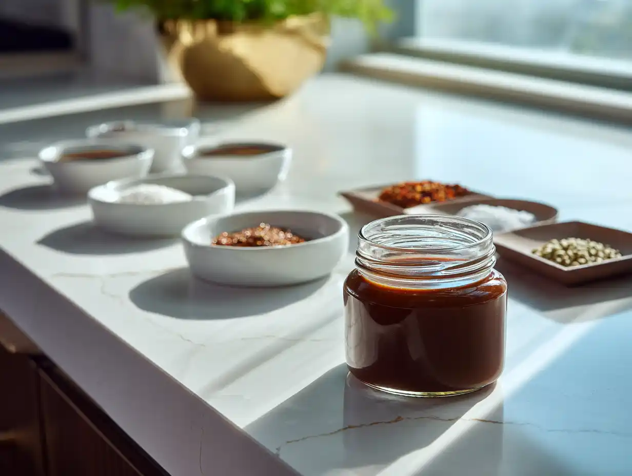 Carolina barbecue sauce recipe jar on modern kitchen counter