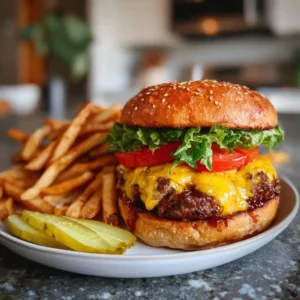 Final presentation of simple BBQ burger recipe with fries