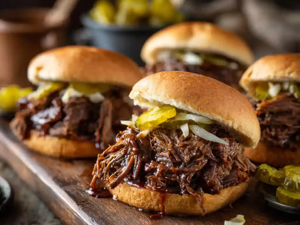 Barbecue beef sandwiches on rustic wooden table