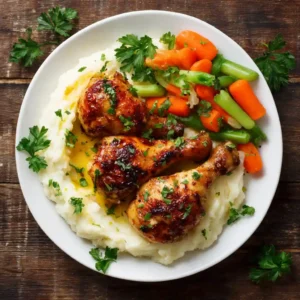 Crockpot chicken legs served with mashed potatoes and vegetables