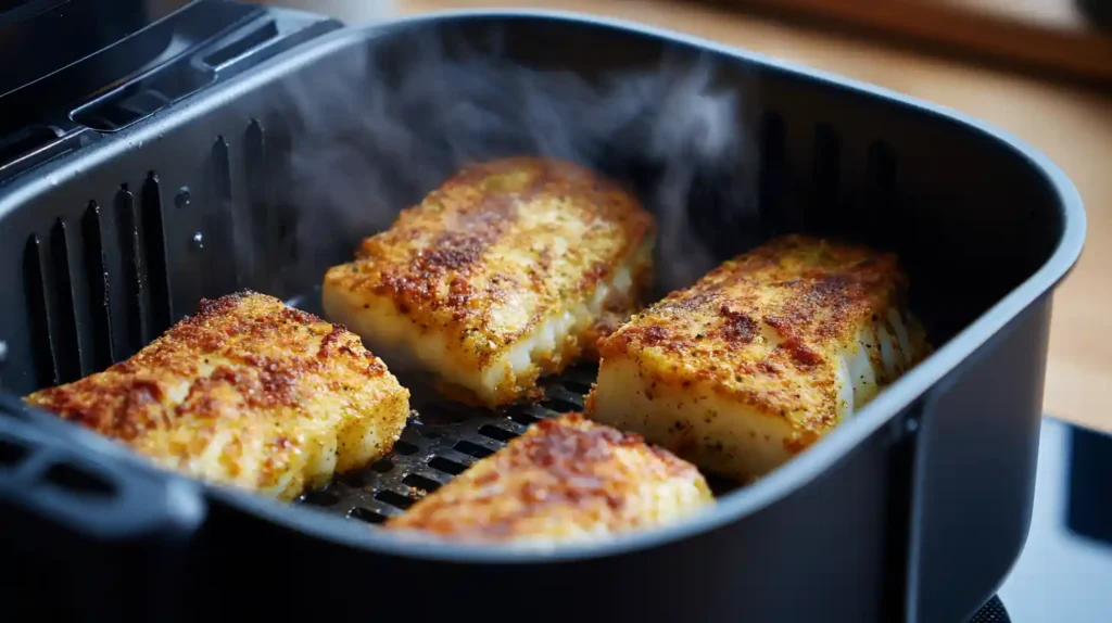 Cod fillets cooking in the air fryer basket
