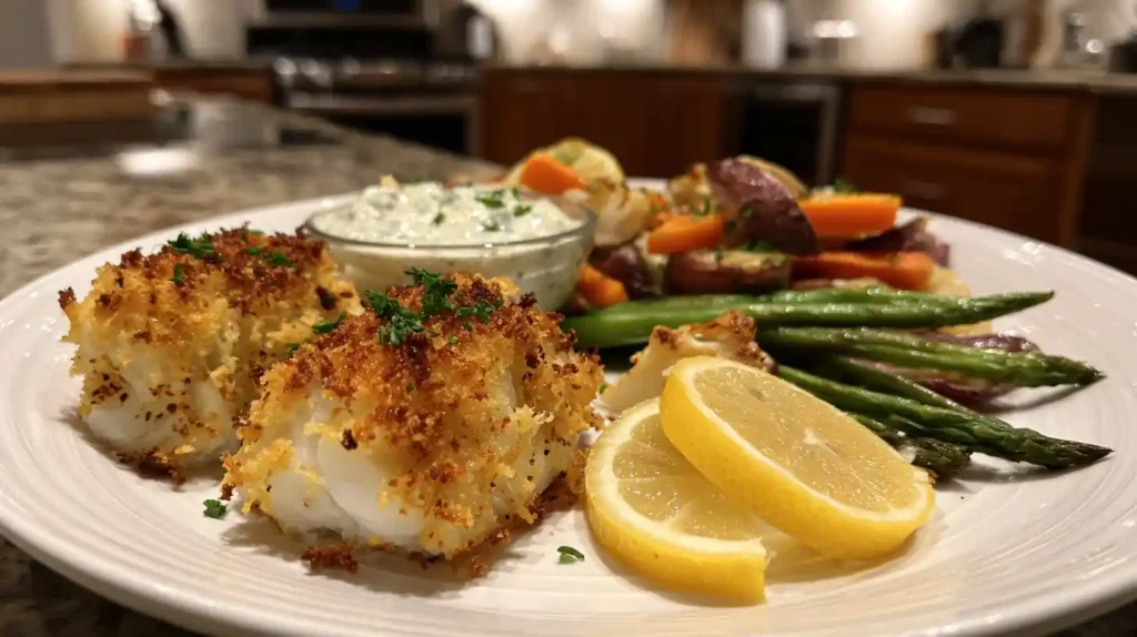 Air fryer cod recipe served with vegetables and sauce