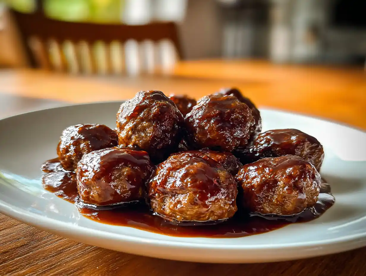 BBQ meatball recipe served on a family dinner table