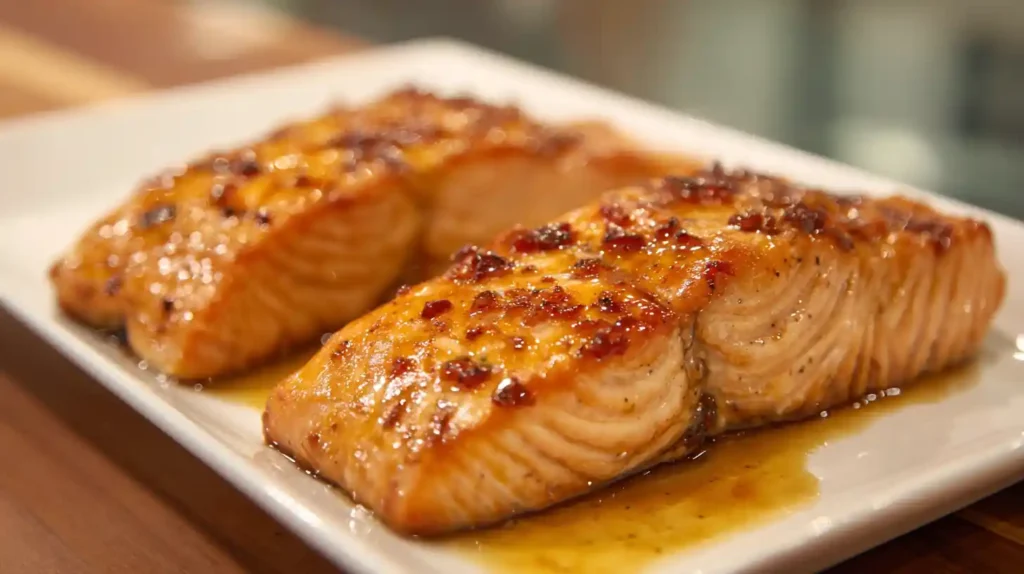 Freshly baked teriyaki salmon fillets