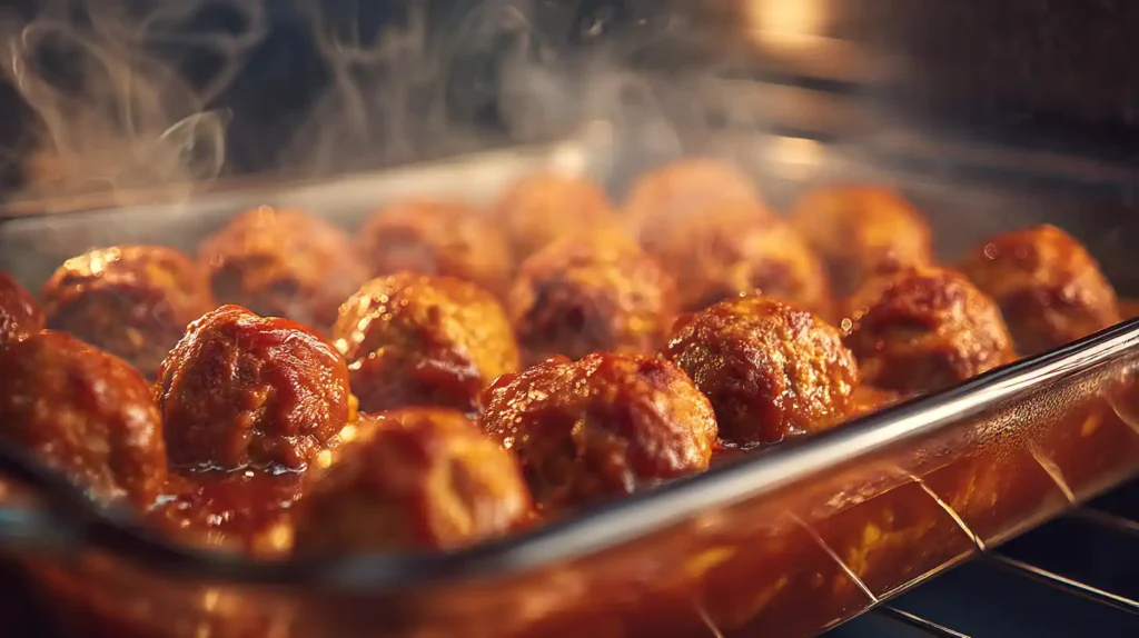 BBQ meatballs baking in sauce inside a modern oven