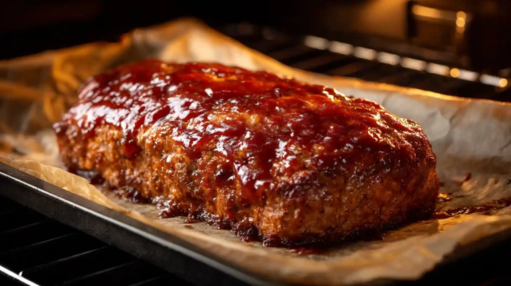 barbecue meatloaf recipe baking in oven with glaze
