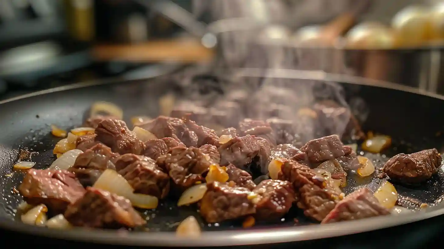Beef cubes searing in a skillet for Beef Tips and Gravy Recipe