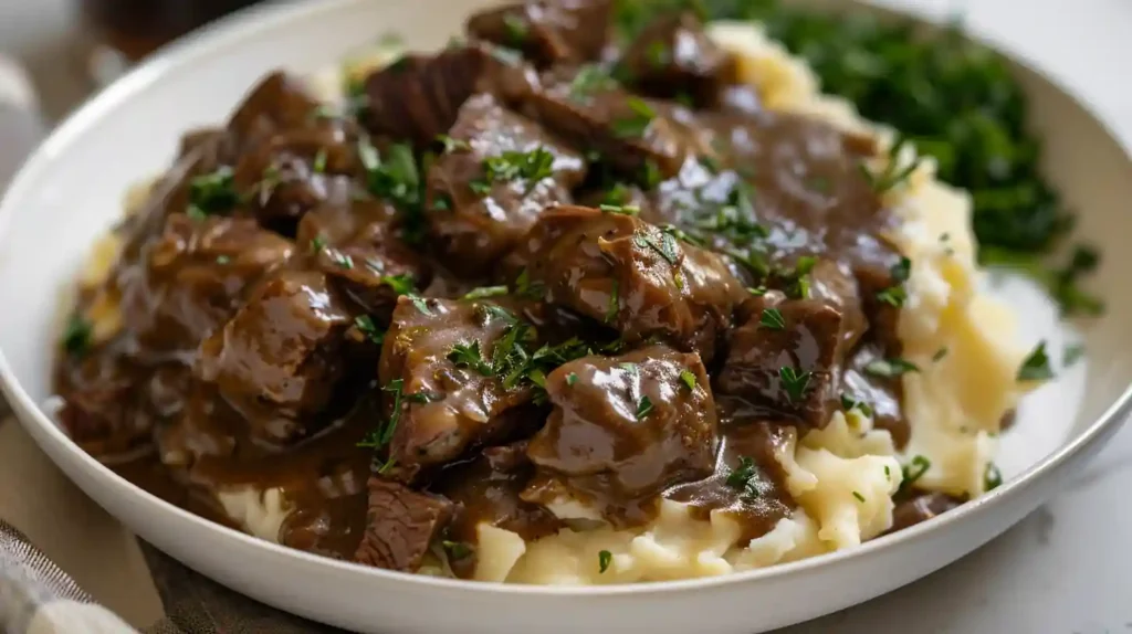 Beef tips and gravy recipe served with noodles and mashed potatoes
