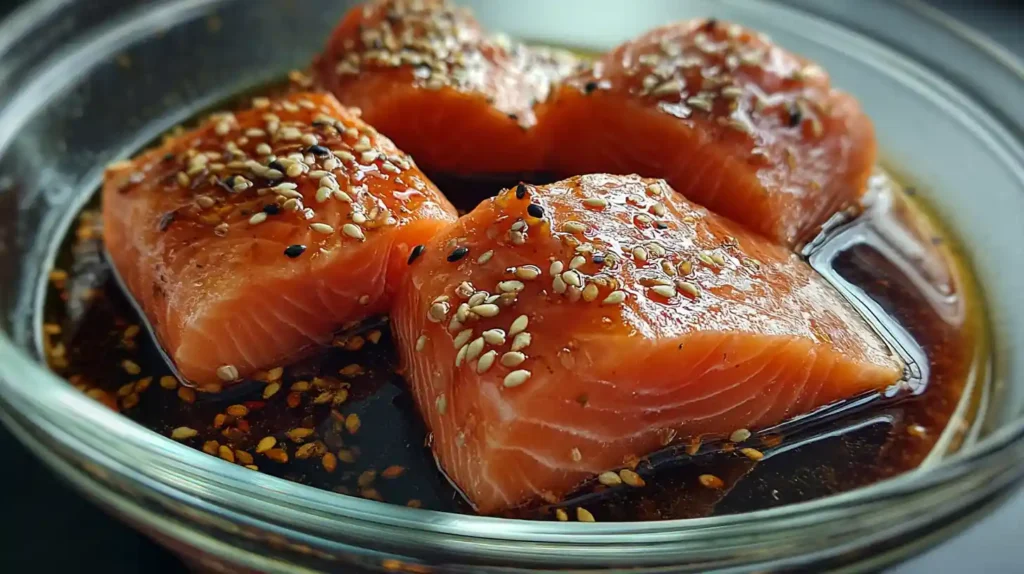 Salmon fillets marinating in teriyaki sauce