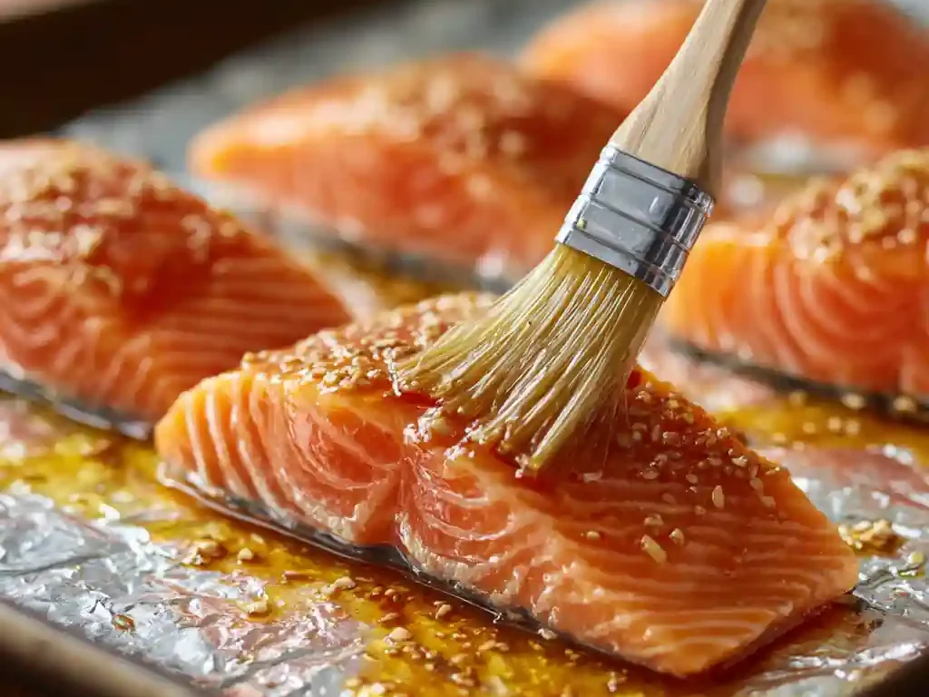 Salmon fillets brushed with Asian marinade