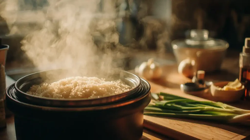 Rice steamer cooking garlic butter rice with steam rising
