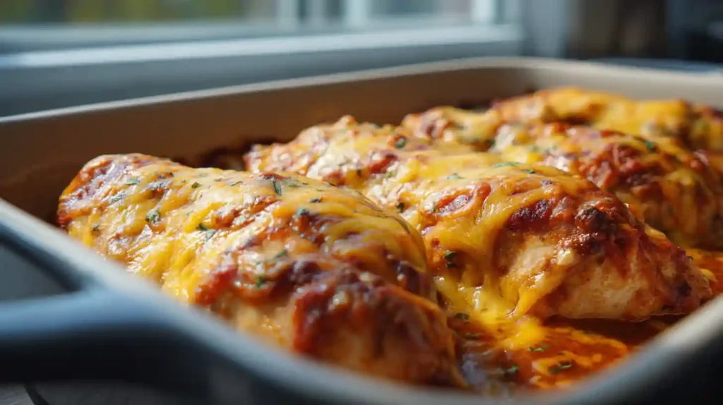 Salsa chicken recipe with salsa and cheddar in baking dish