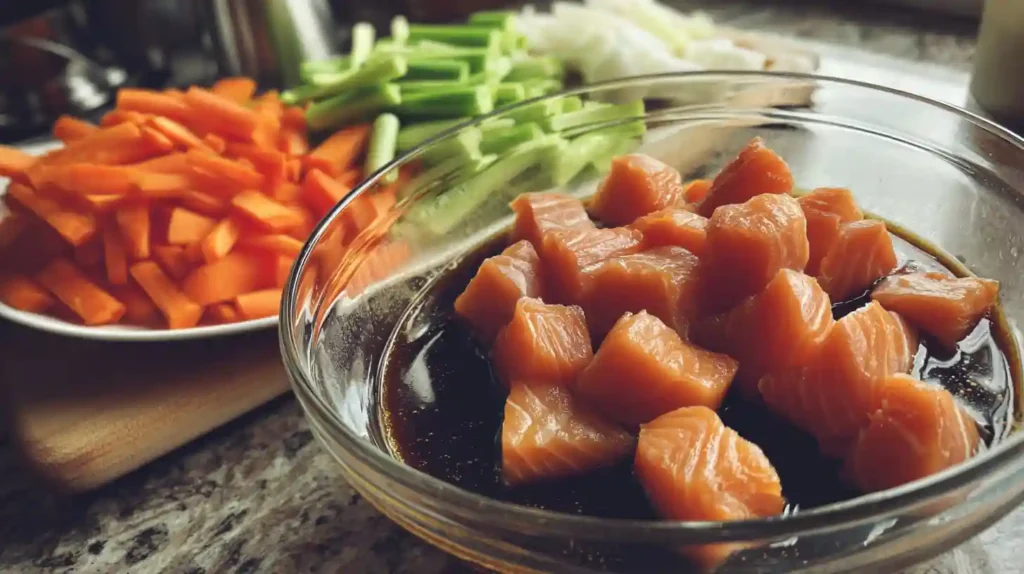 Marinated salmon and fresh vegetables for salmon bowl recipe